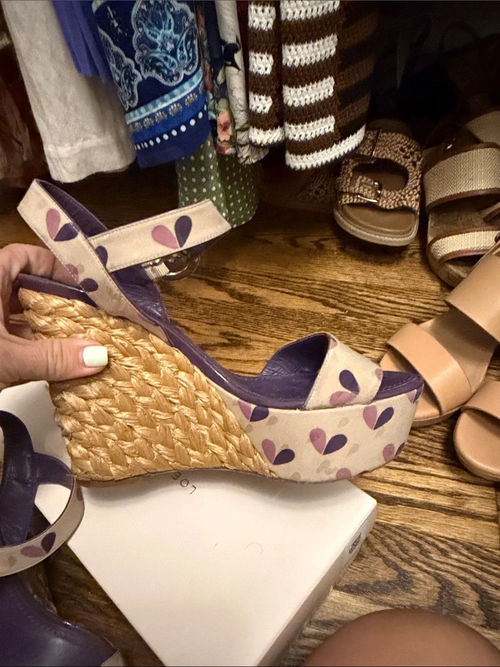 Louis Vuitton Purple and Cream Heart-Print Raffia Wedge Sandals